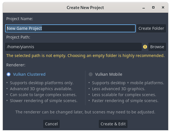 Godot’s New Project Dialog