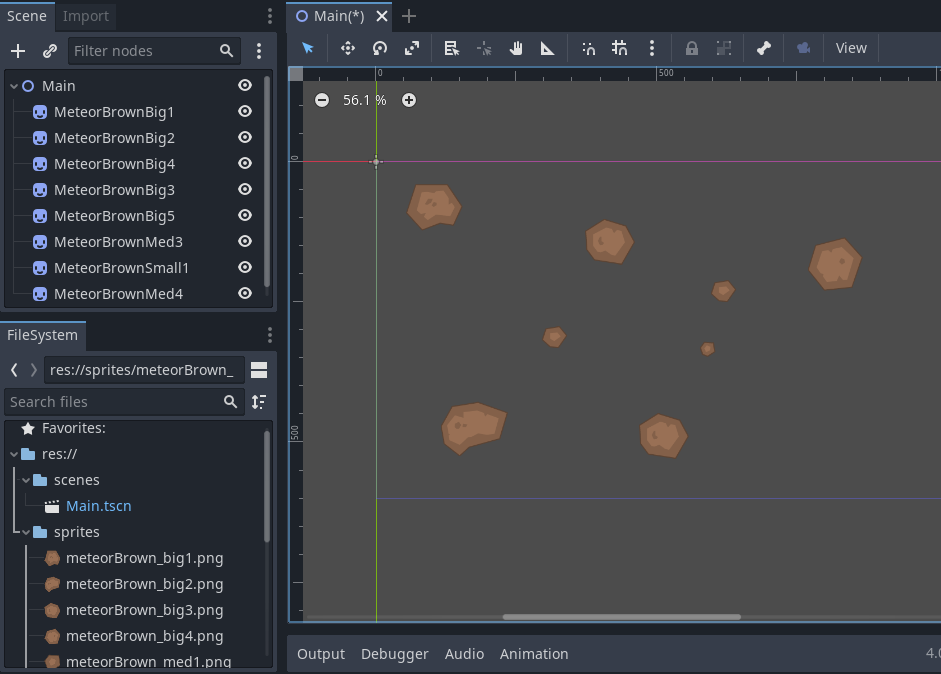 View of the Scene tab after dragging some sprites to the scene.