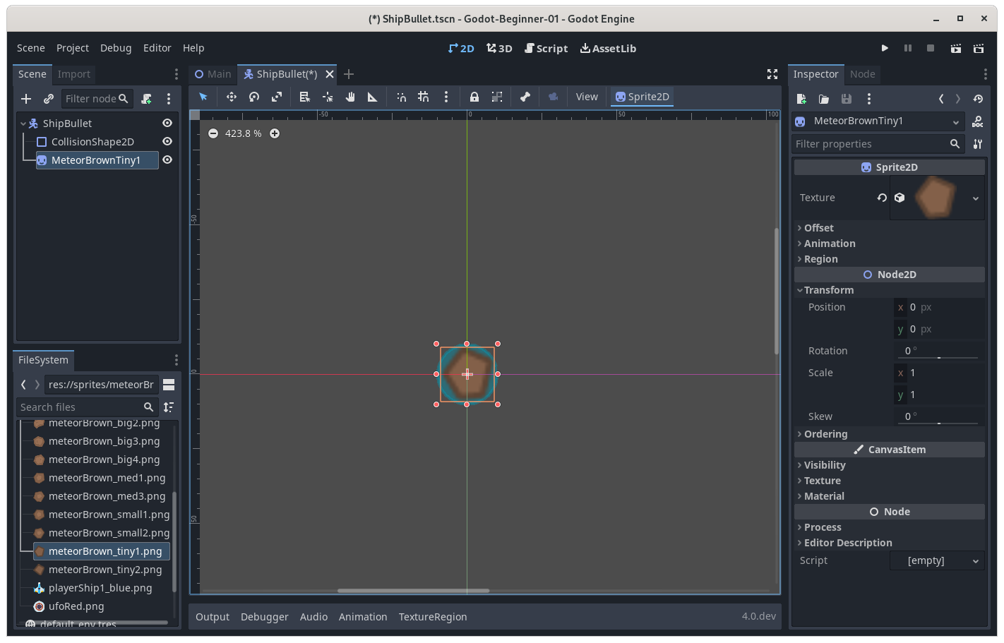 View of the ship bullet scene in the editor.